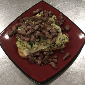 <a class="bx-tag" rel="tag" href="https://streetloc.com/view-channel-profile/whatsforbreakfast"><s>#</s><b>whatsforbreakfast</b></a> Carb0naut Bread Open Faced Spinach Egg Scramble (in Butter), Havarti Cheese, topped with Sliced and Diced Steak (leftovers from dinner :-)