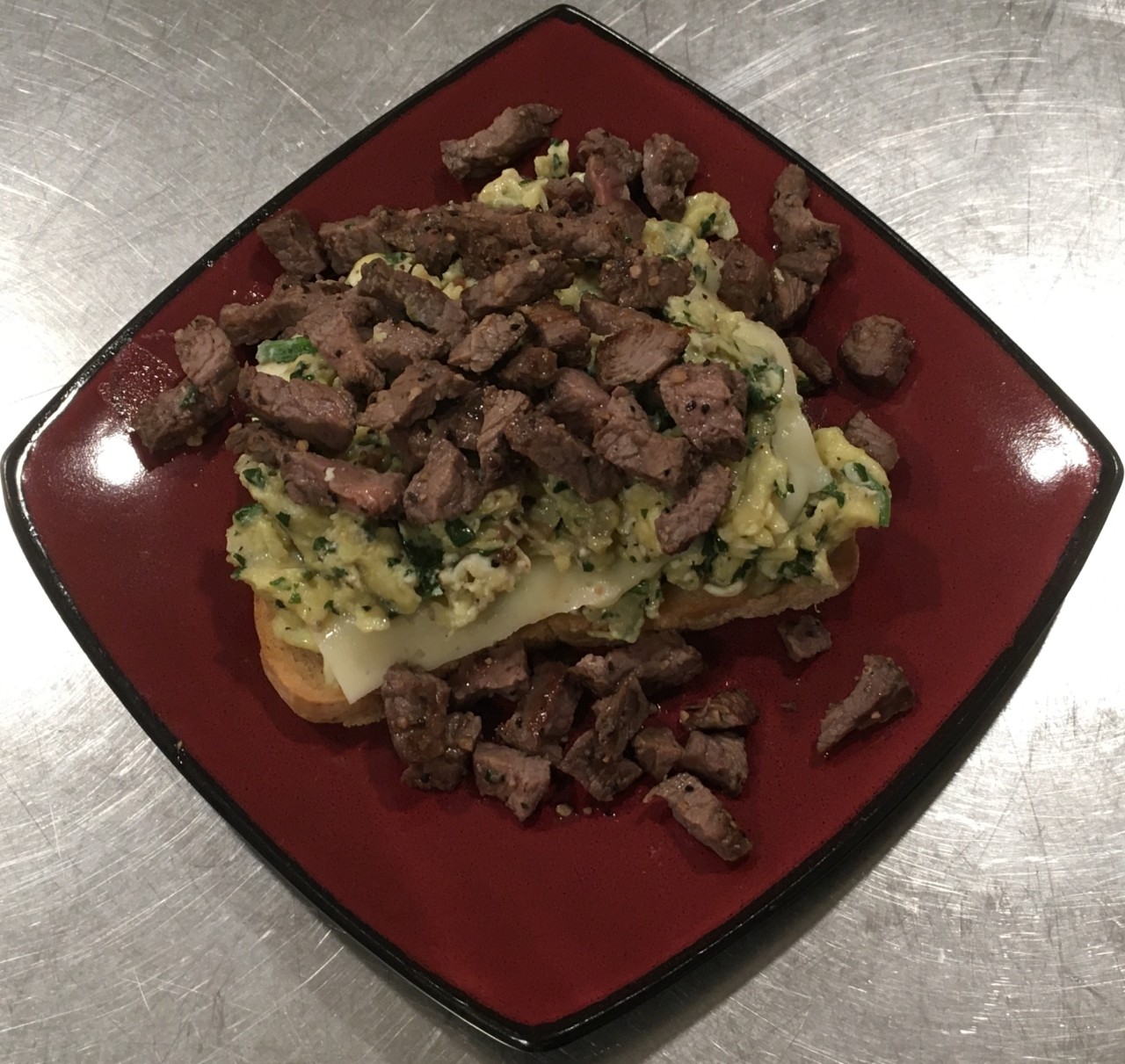 <a class="bx-tag" rel="tag" href="https://streetloc.com/view-channel-profile/whatsforbreakfast"><s>#</s><b>whatsforbreakfast</b></a> Carb0naut Bread Open Faced Spinach Egg Scramble (in Butter), Havarti Cheese, topped with Sliced and Diced Steak (leftovers from dinner :-)