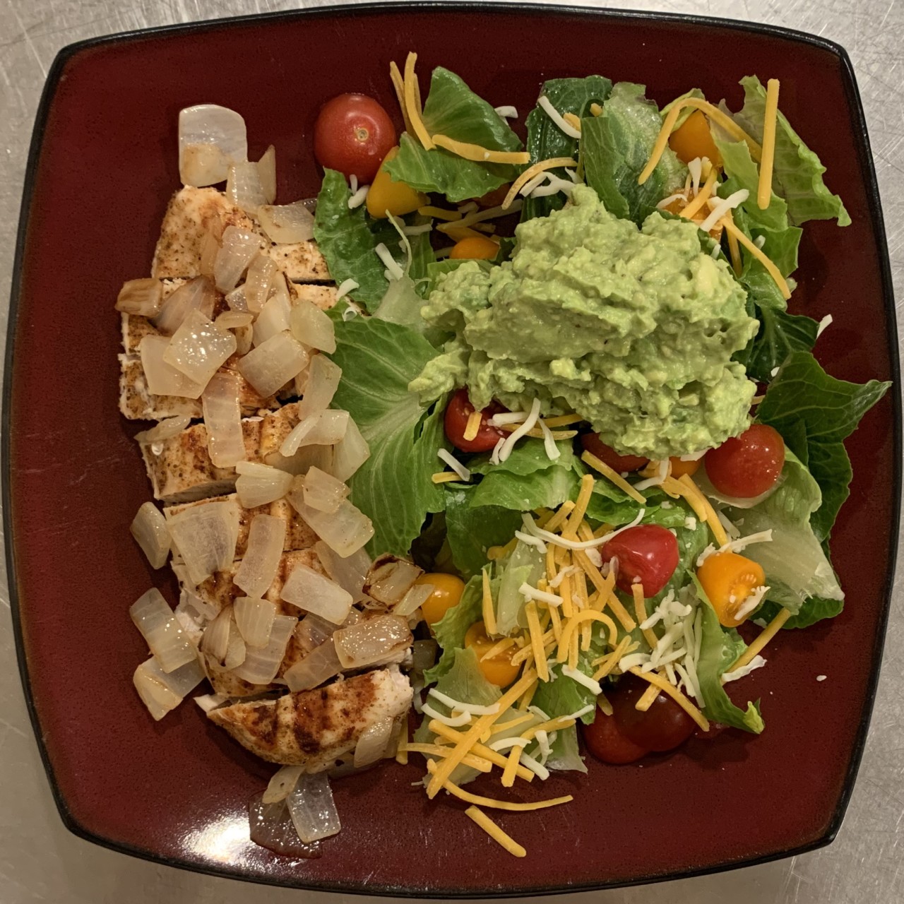 <a class="bx-tag" rel="tag" href="https://streetloc.com/view-channel-profile/whatsfordinner"><s>#</s><b>whatsfordinner</b></a> Grilled Chicken Sautéed Onions, Large Salad with fresh mashed Avocado