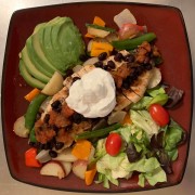 #whatsfordinner Homemade Fajita Plate (with Sautéed Onion, Sweet Peppers, Sugar Snaps, and Red Potatoes), Bush’s Seasoned Recipe Black Beans, Organic Jack’s Cantina Salsa, and Full-Fat Plain Greek Yogurt, served with Side Salad and Avocado