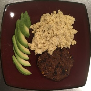 <a class="bx-tag" rel="tag" href="https://streetloc.com/view-channel-profile/whatsforbreakfast"><s>#</s><b>whatsforbreakfast</b></a> Butter Scrambled Eggs, Organic Chipotle Black Bean Burger (Don Lee Farms), and Sliced Avocado