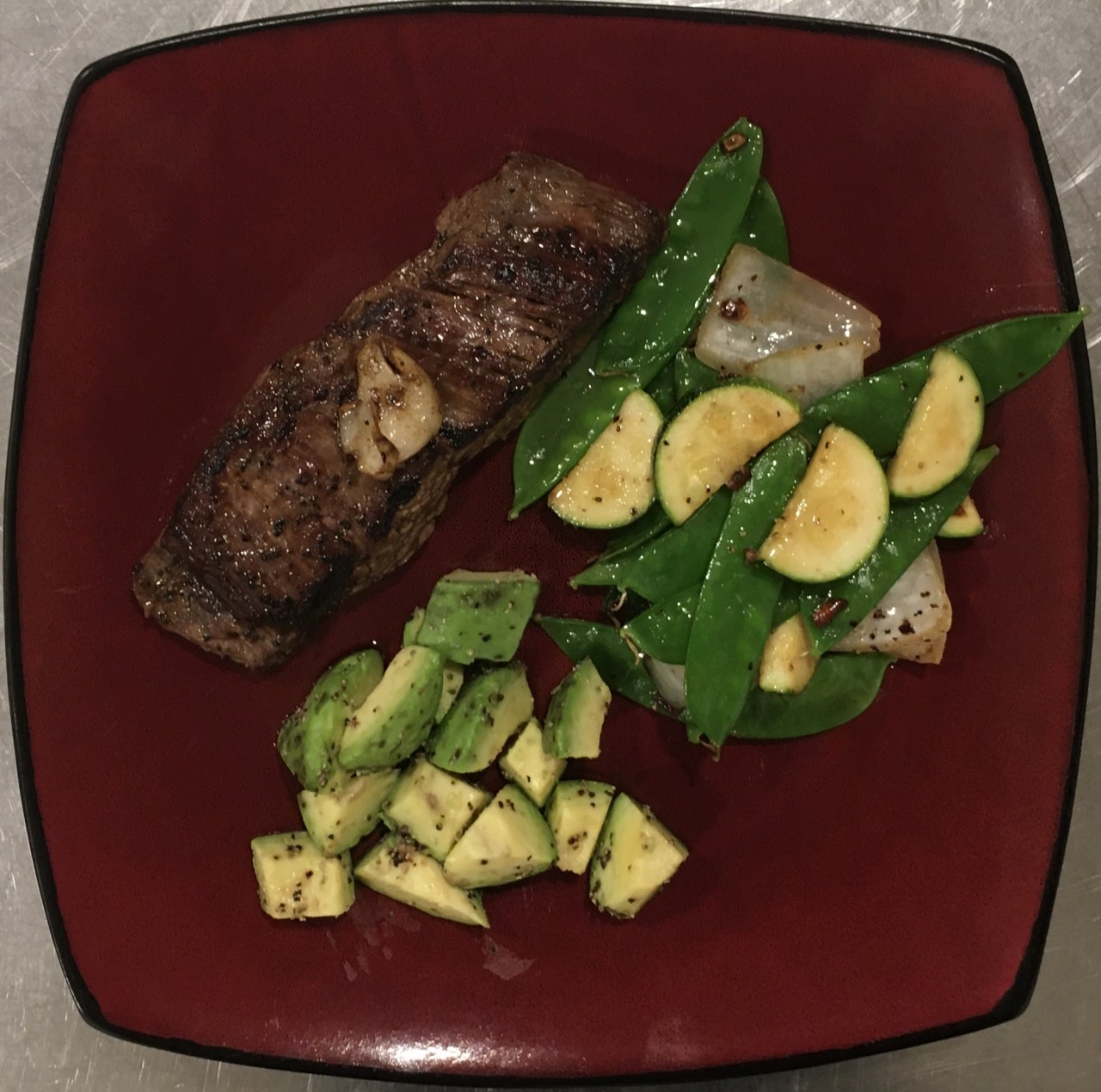 <a class="bx-tag" rel="tag" href="https://streetloc.com/view-channel-profile/whatsfordinner"><s>#</s><b>whatsfordinner</b></a> Iron Skillet Flank Steak, Sautéed Zucchini and Snow Peas, and Avocado