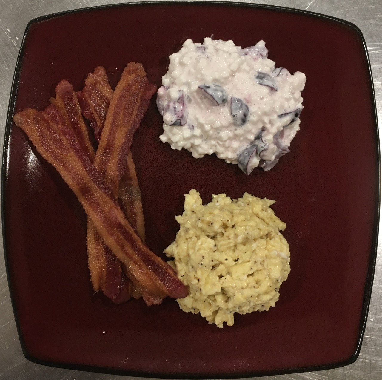 <a class="bx-tag" rel="tag" href="https://streetloc.com/view-channel-profile/whatsforbreakfast"><s>#</s><b>whatsforbreakfast</b></a> Butter Scrambled Eggs, Nitrate-Free Bacon, and Cherries with Cottage Cheese