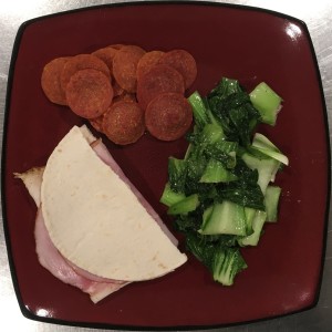<a class="bx-tag" rel="tag" href="https://streetloc.com/view-channel-profile/whatsforlunch"><s>#</s><b>whatsforlunch</b></a> Chicken and Ham Low Carb Tortilla “Sandwich”, Crispy Pepperoni, with Sautéed Bok Choy