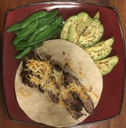 #whatsfordinner Iron Skillet Butter Grilled Steak Burger with 4-Cheese Shred (and Muenster underneath) on a Tumaro’s Carb Wise Wrap (w/ Dijon Mustard [not pictured]), Steamed and Buttered Sugar Snaps, and Avocado  