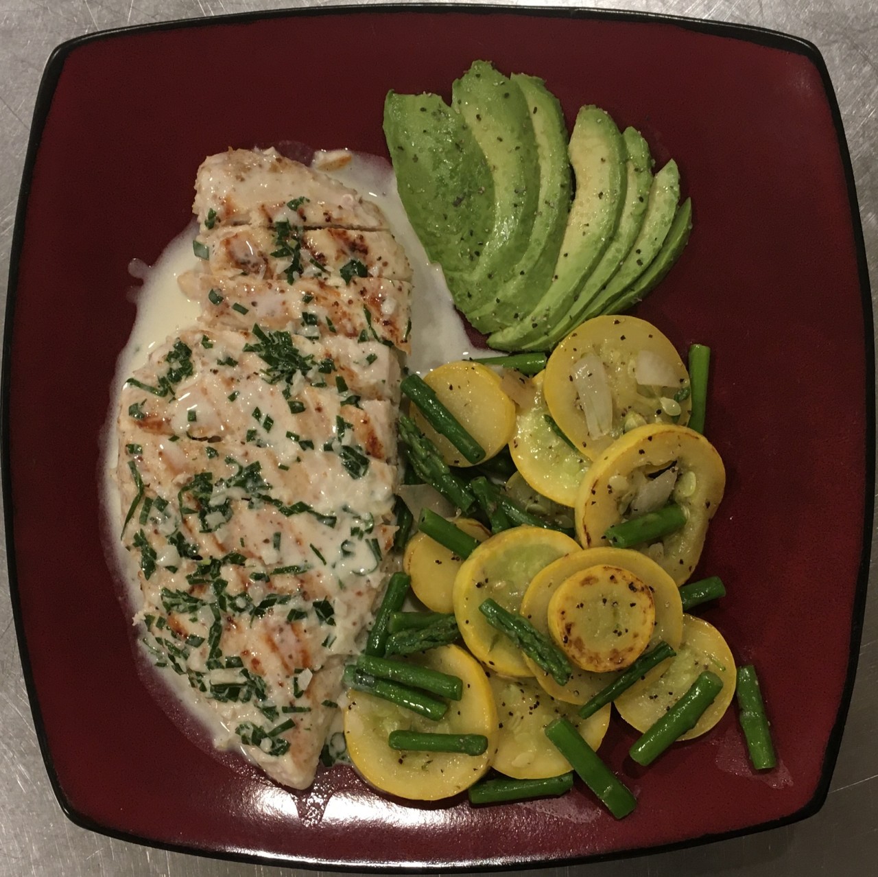 <a class="bx-tag" rel="tag" href="https://streetloc.com/view-channel-profile/whatsfordinner"><s>#</s><b>whatsfordinner</b></a> Parmesan Lemon Basil (OptiGrill) Grilled Chicken, Onion-Butter Sautéed Yellow Squash and Asparagus, with Avocado