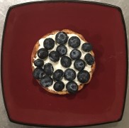 #whatsforsnack more than a #whatsforbreakfast, a Birch Benders Keto (and gluten free) Toaster Waffle topped with Cream Cheese lightly sweetened with Monk Fruit and Fresh Blueberries.  I typically work out first thing in the morning in a fasted state, afte
