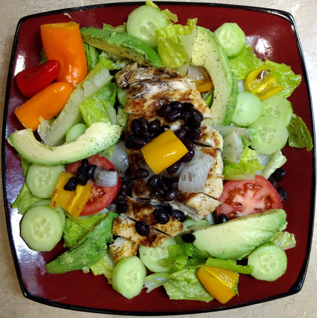 <a class="bx-tag" rel="tag" href="https://streetloc.com/view-channel-profile/whatsfordinner"><s>#</s><b>whatsfordinner</b></a> Grilled Chicken with Black Bean Salad with Avocado, Sweet Peppers, Cucumber and Tomato
