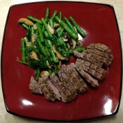 #whatsfordinner Opti-Grilled Steak with Sauteed Green Beans, Spinach, and Mushrooms