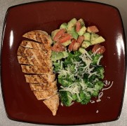 #whatsfordinner Grilled Chicken, Steamed Broccoli tossed in Butter with Parmesan, Avocado and Tomato Salad