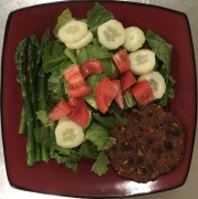 #whatsfordinner Don Lee Farms Black Bean CHIPOTLE Burger, Asparagus, Artisan Romaine, Cucumber and Tomato Salad