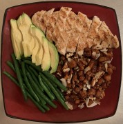 #whatsfordinner Grilled Chicken, Green Beans, Avocado, and Roasted then Sauted Sweet Potato with Unsweetened Coconut Flakes and Pecans