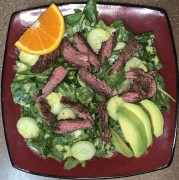 #whatsforlunch Flank Steak Salad with Cucumber and Avocado, served with a wedge of Orange