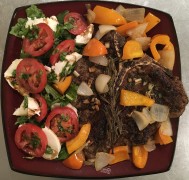 #whatsfordinner Iron Skillet T-Bone (Salt/Pepper, Shallot-Garlic-Chive-Thyme Butter, Rosemary), Butter Sautéed Onion and Orange Bell Pepper, Romaine and Spinach Salad with Olive Oil, Basil and Balsamic Caprese
