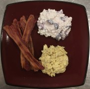 #whatsforbreakfast Butter Scrambled Eggs, Nitrate-Free Bacon, and Cherries with Cottage Cheese