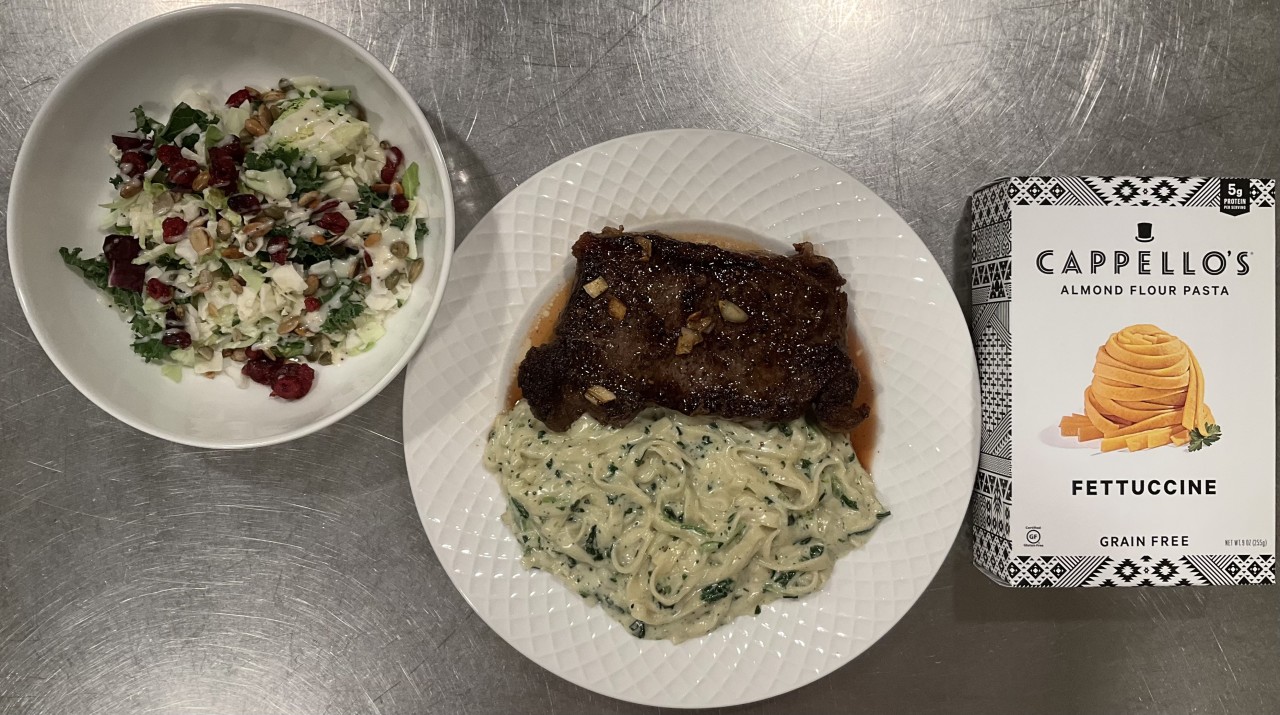 <a class="bx-tag" rel="tag" href="https://streetloc.com/view-channel-profile/whatsfordinner"><s>#</s><b>whatsfordinner</b></a> Sweet Kale Salad, Iron Skillet Sirloin, and Cappello’s Almond Flour Pasta with Florentine Alfredo Sauce