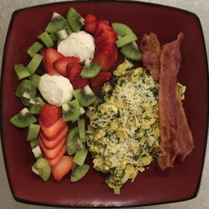 <a class="bx-tag" rel="tag" href="https://streetloc.com/view-channel-profile/whatsforbreakfast"><s>#</s><b>whatsforbreakfast</b></a> Spinach and Onion, Butter Scrambled Eggs with Parmesan, Nitrate-Free Thickcut Bacon, Vanilla Cheesecake Fat Bombs with Strawberry and Kiwi