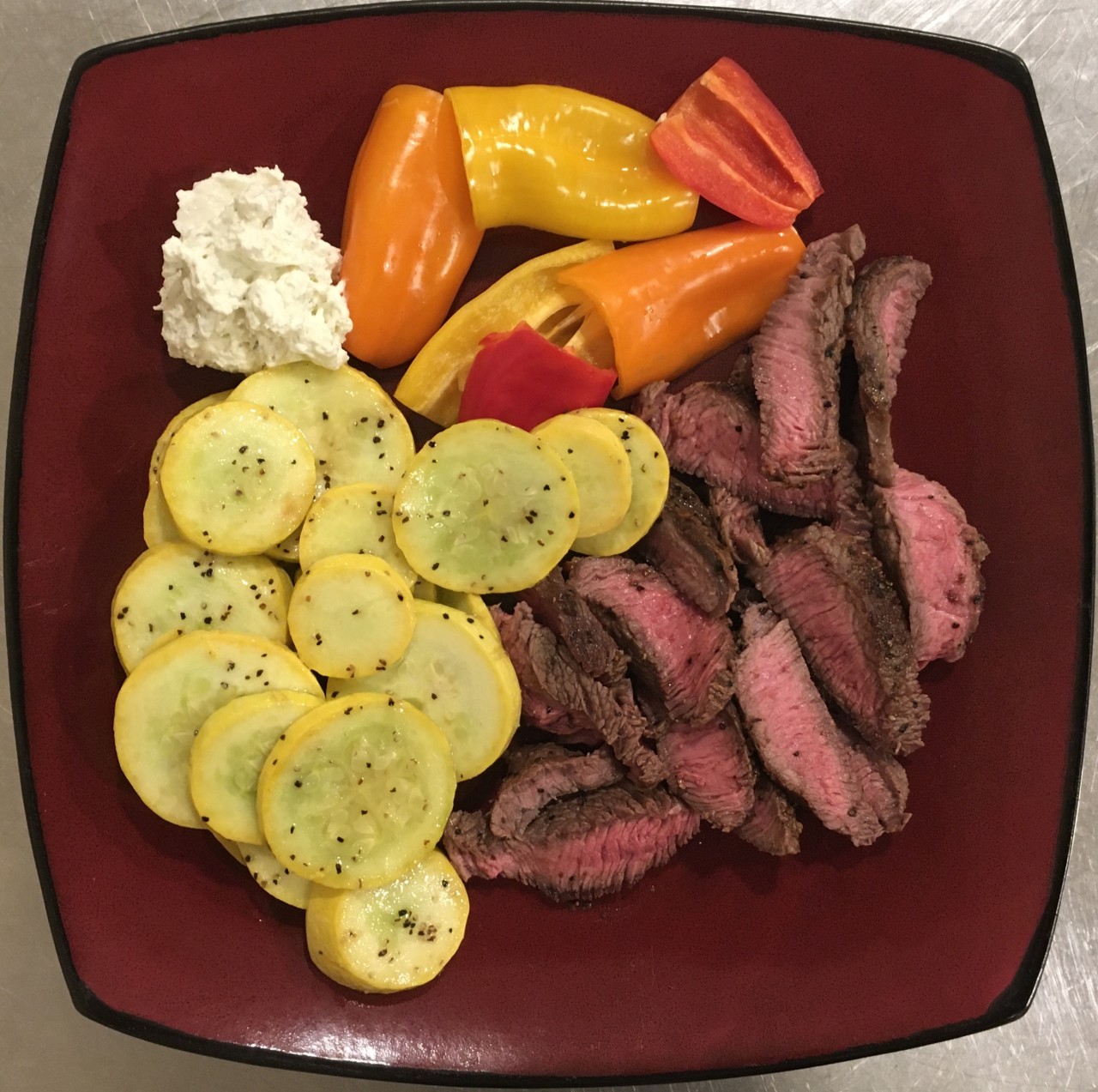 <a class="bx-tag" rel="tag" href="https://streetloc.com/view-channel-profile/whatsfordinner"><s>#</s><b>whatsfordinner</b></a> Iron Skillet Grilled Mock Tenderloin finished w/ Garlic Rosemary Butter, Butter Sautéed Yellow Squash, Mini Peppers w/ Sour Cream and Chive Cream Cheese