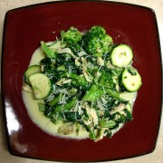 #whatsfordinner Butter Sauteed Chicken, Broccoli, Zucchini, Green Beans, and Spinach, served with a Pesto Alfredo Sauce