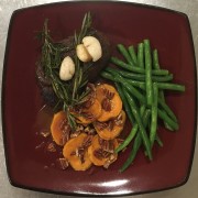 #whatsfordinner #mothersday Courtesy of My Son! Iron Skillet Rosemary Garlic Butter Filet Mignon, Blanched and Butter Tossed Green Beans, Oven Roasted Sweet Potato finished with Allulose Brown Sugar Pecan Praline Sauce