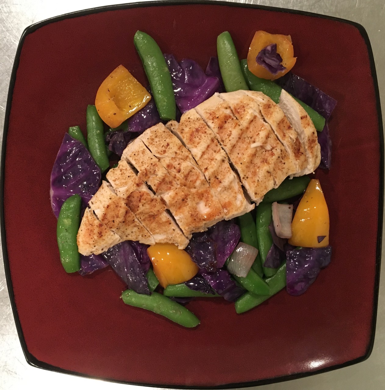 <a class="bx-tag" rel="tag" href="https://streetloc.com/view-channel-profile/whatsfordinner"><s>#</s><b>whatsfordinner</b></a> Grilled Chicken with Red Cabbage, Sugar Snap Stir-fry with Onion and Orange Bell Pepper