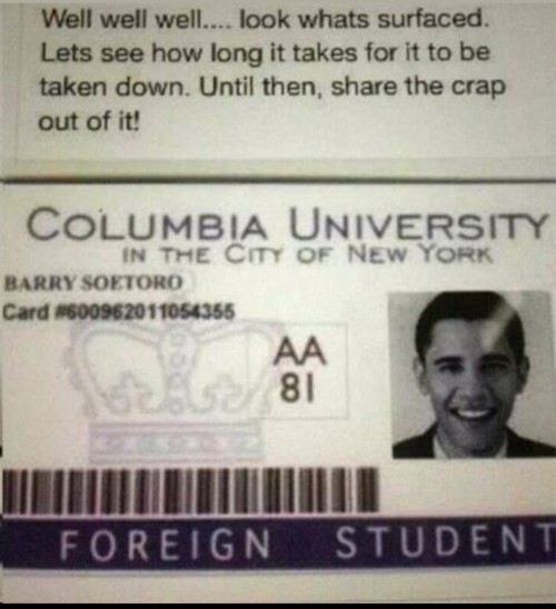 Foreign Student Card - Barry Soetoro (A.K.A. Barack Hussein Obama)
